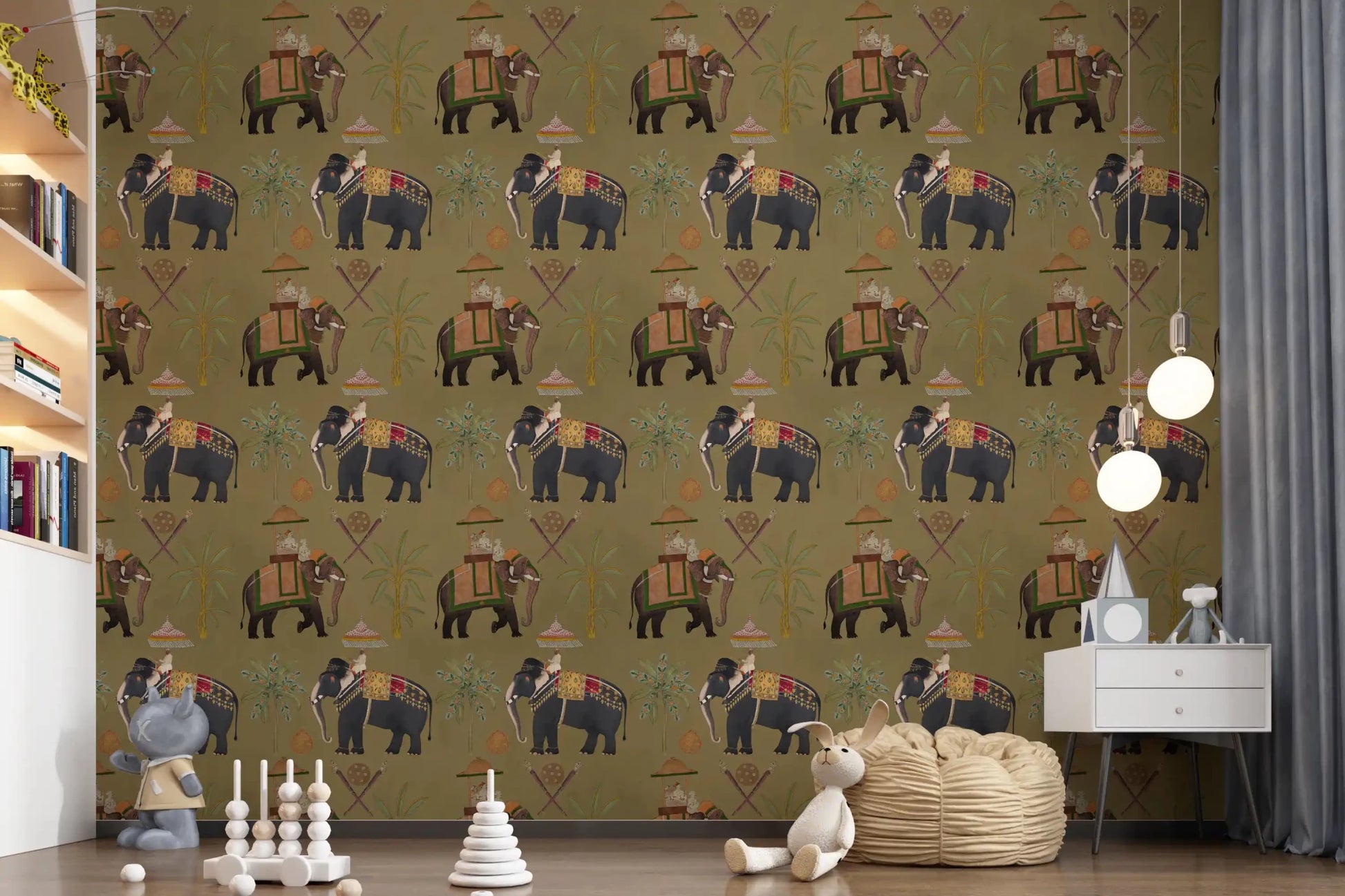 Heritage elephant wall mural with cultural journey scene design, GD8976
