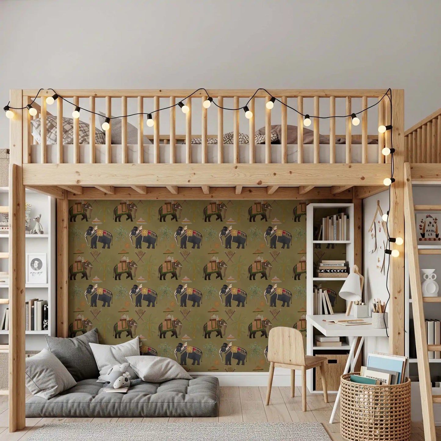 Elephant wall mural with royal travel-inspired illustrated pattern, GD8976