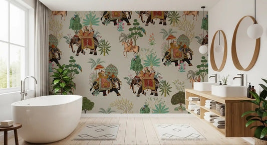 Bathroom wall has elephant parade wall mural with peacocks and palms