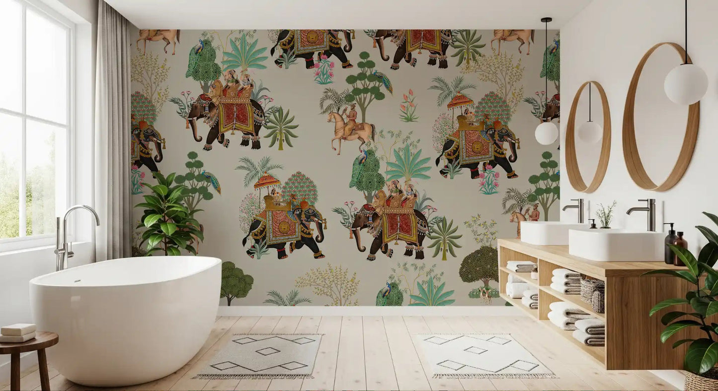 Bathroom wall has elephant parade wall mural with peacocks and palms