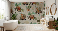 Bathroom wall has elephant parade wall mural with peacocks and palms