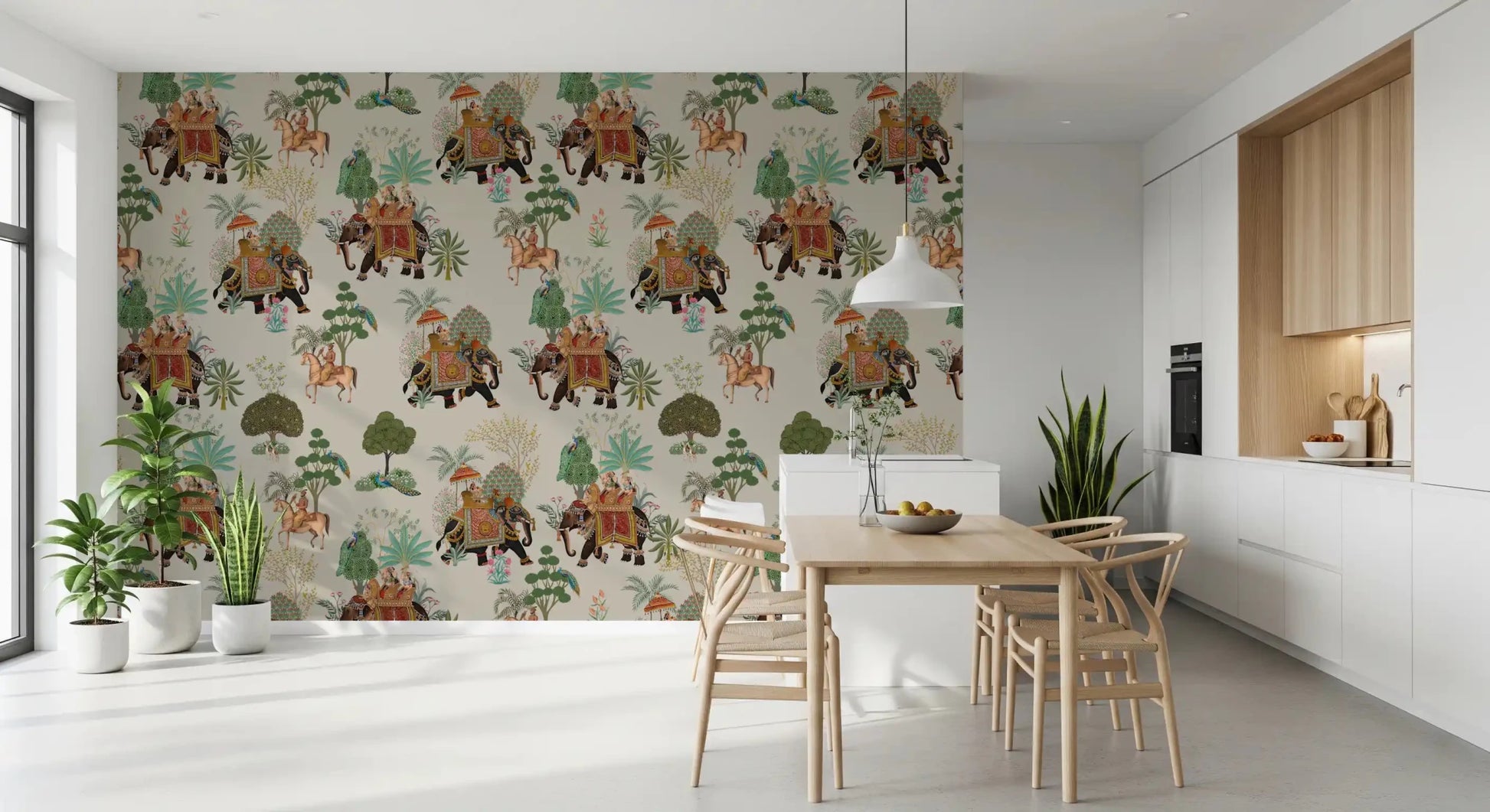Elephant wall mural with horse riders, palms, and floral accents