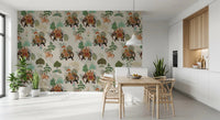 Elephant wall mural with horse riders, palms, and floral accents