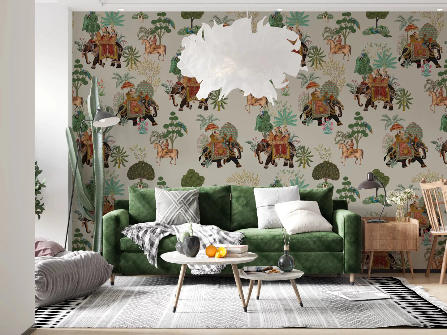 Soft beige tones balance this heritage elephant mural pattern