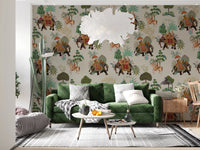 Soft beige tones balance this heritage elephant mural pattern