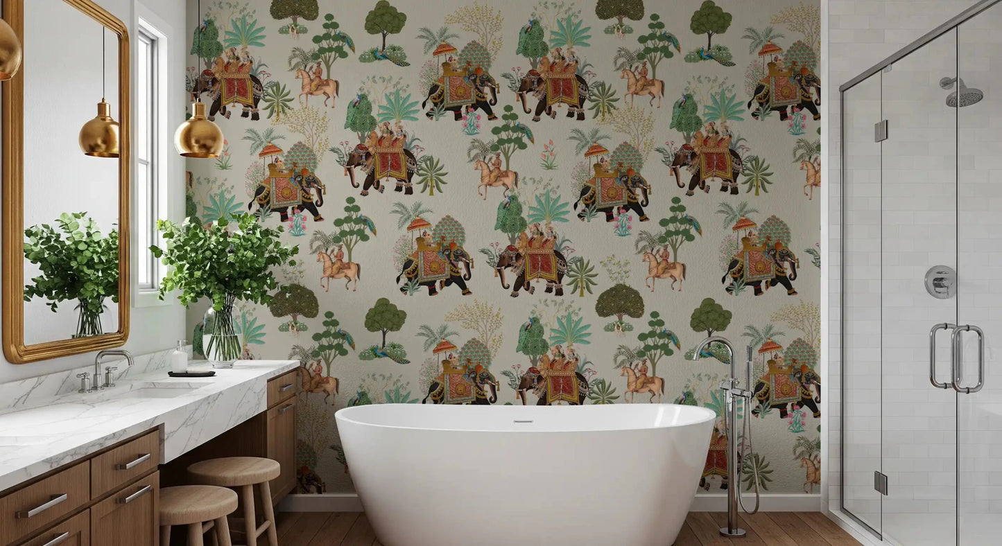 Decorated elephants and peacocks shape this parade wall mural design