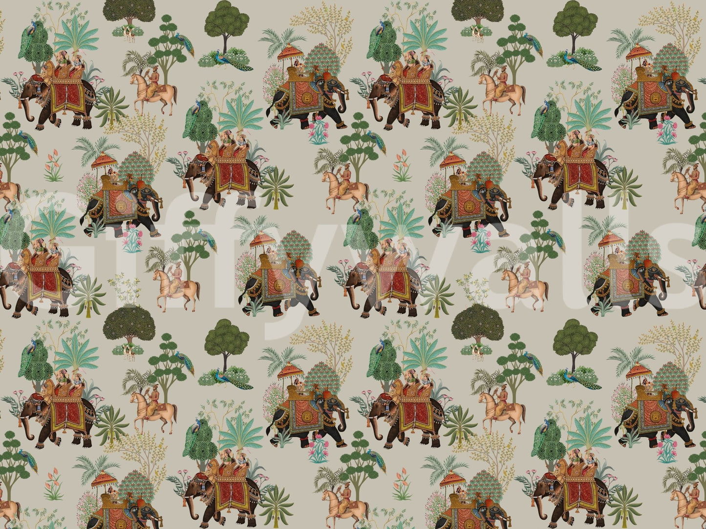 Parade wall mural showing riders, peacocks, palms, and flowers