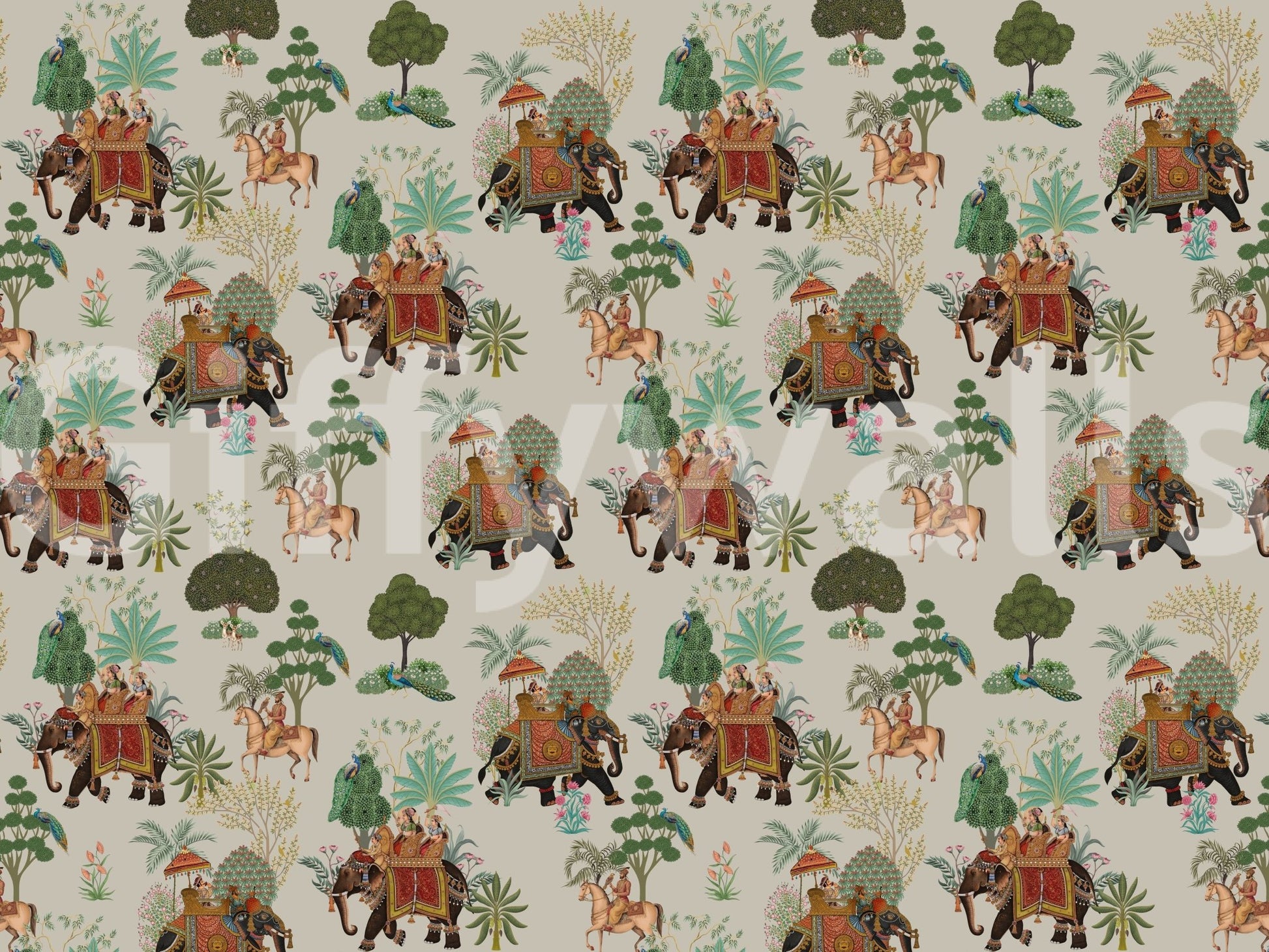 Parade wall mural showing riders, peacocks, palms, and flowers