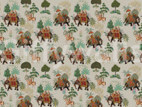 Parade wall mural showing riders, peacocks, palms, and flowers