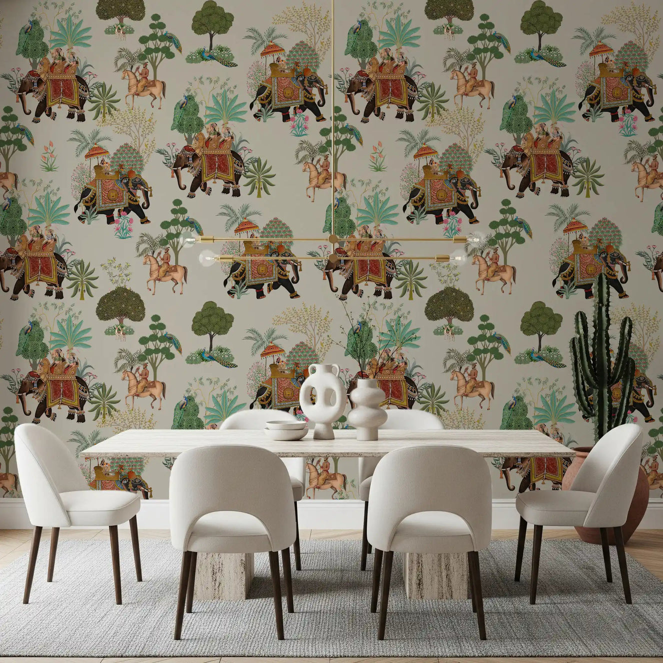 Dining room shows Regal Elephant Parade Wall Mural with beige base