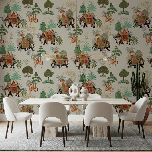 Dining room shows Regal Elephant Parade Wall Mural with beige base