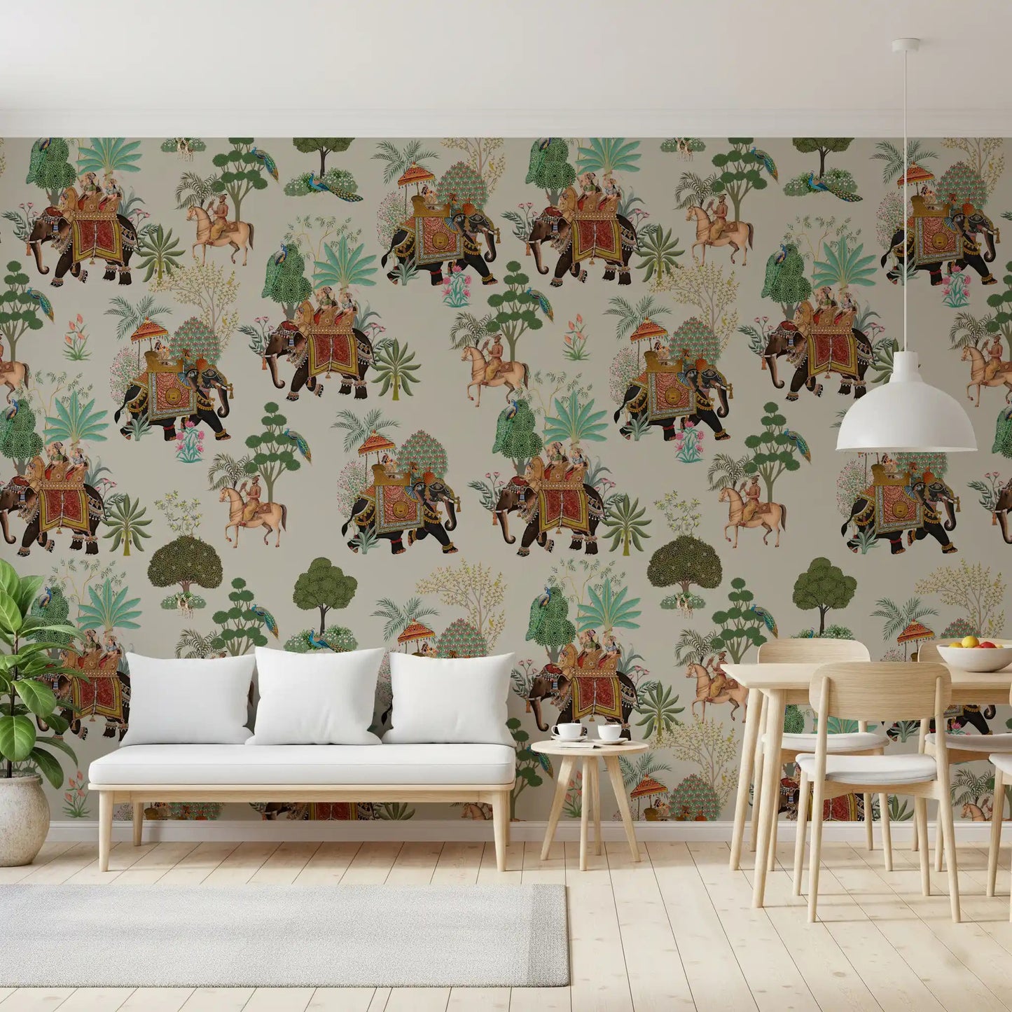 Dining area wall uses Indian wall mural with elephants and horse riders