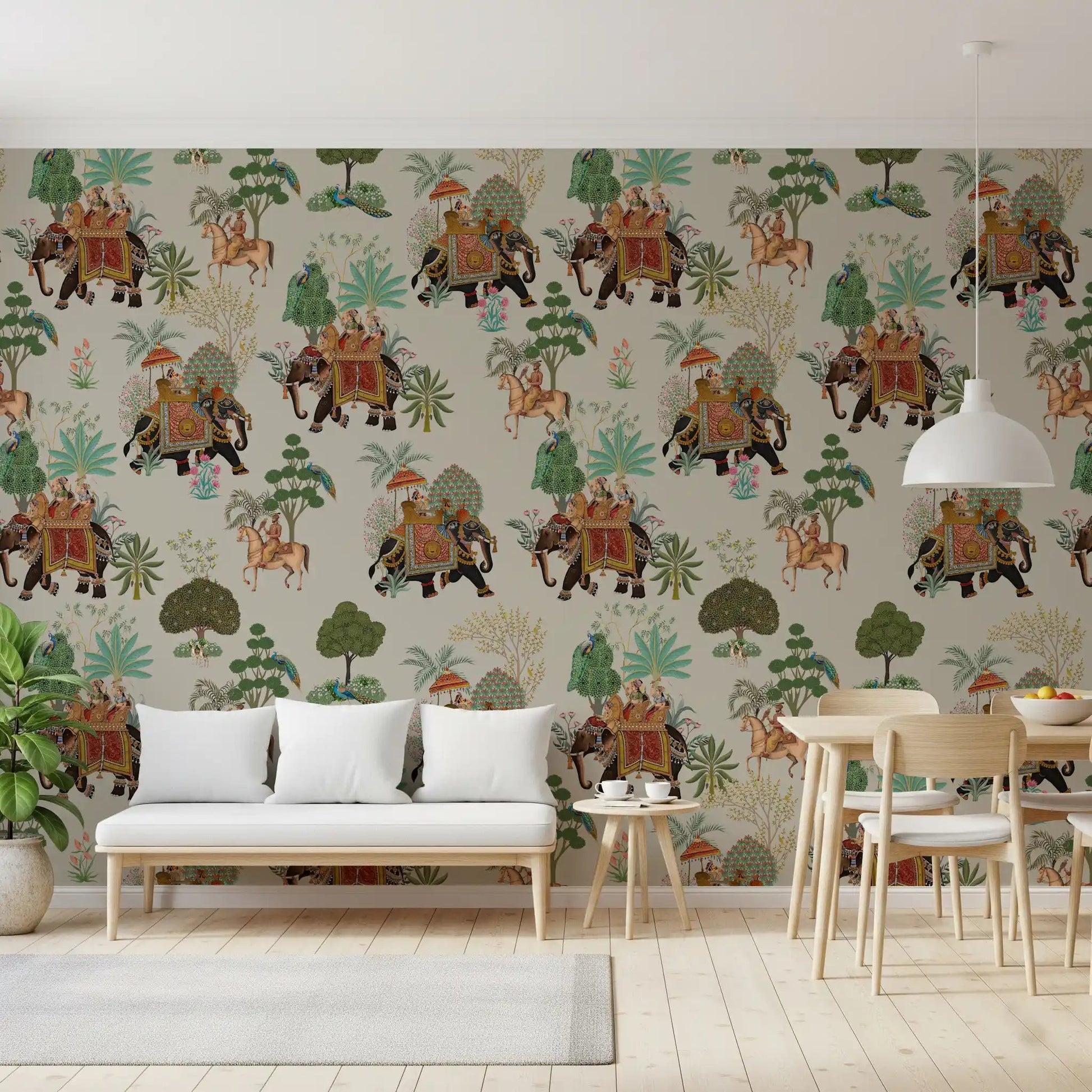 Dining area wall uses Indian wall mural with elephants and horse riders