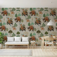 Dining area wall uses Indian wall mural with elephants and horse riders