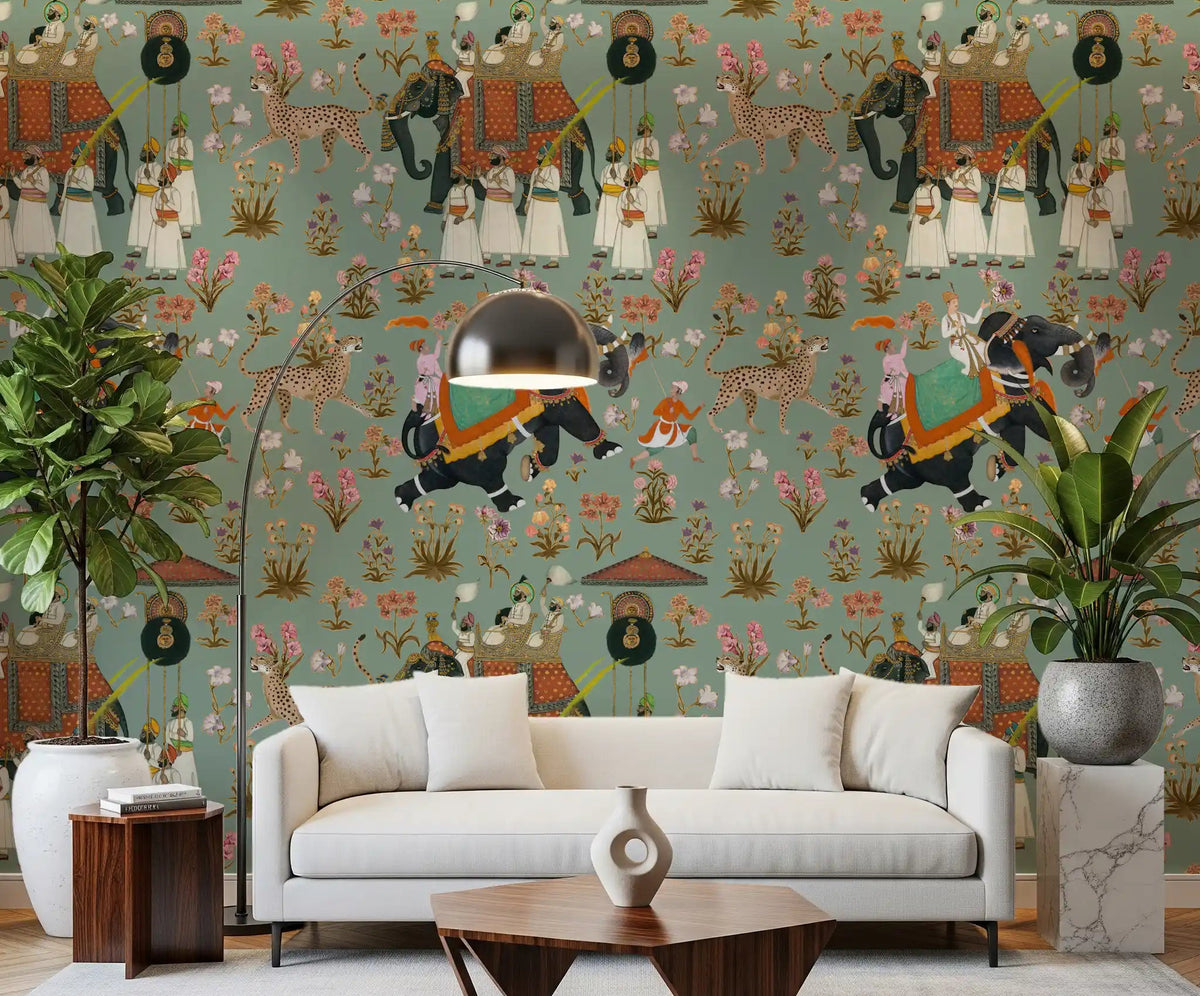 Hallway Regal Elephant Procession Wall Mural with blue heritage pattern, GD8970
