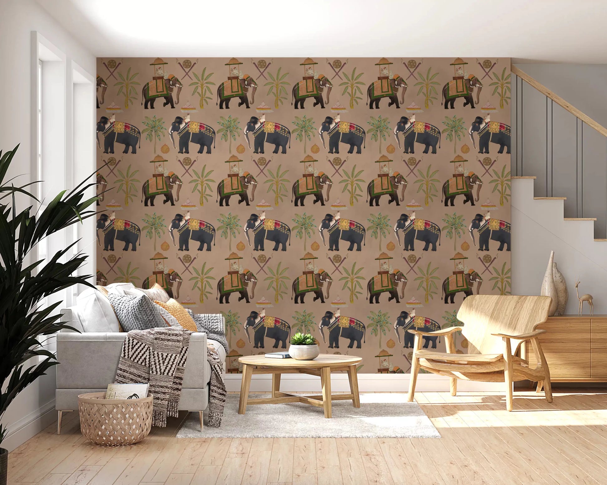 Decorated elephant wall mural with soft neutral base styling, GD8975
