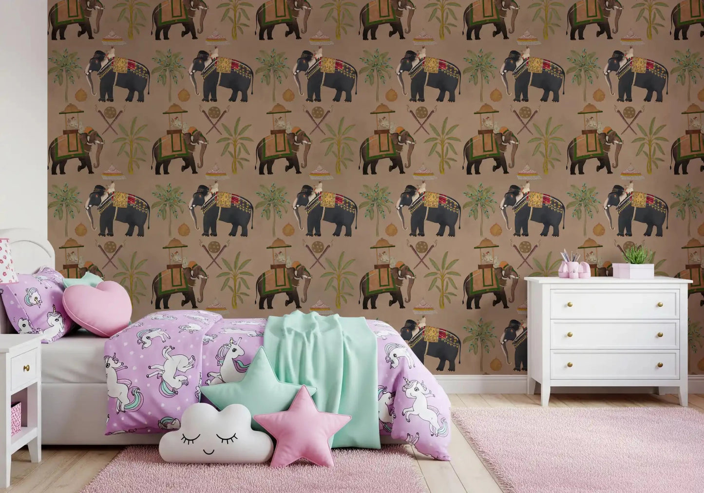 Girls room Regal Elephant Wall Mural with royal elephant heritage pattern, GD8975