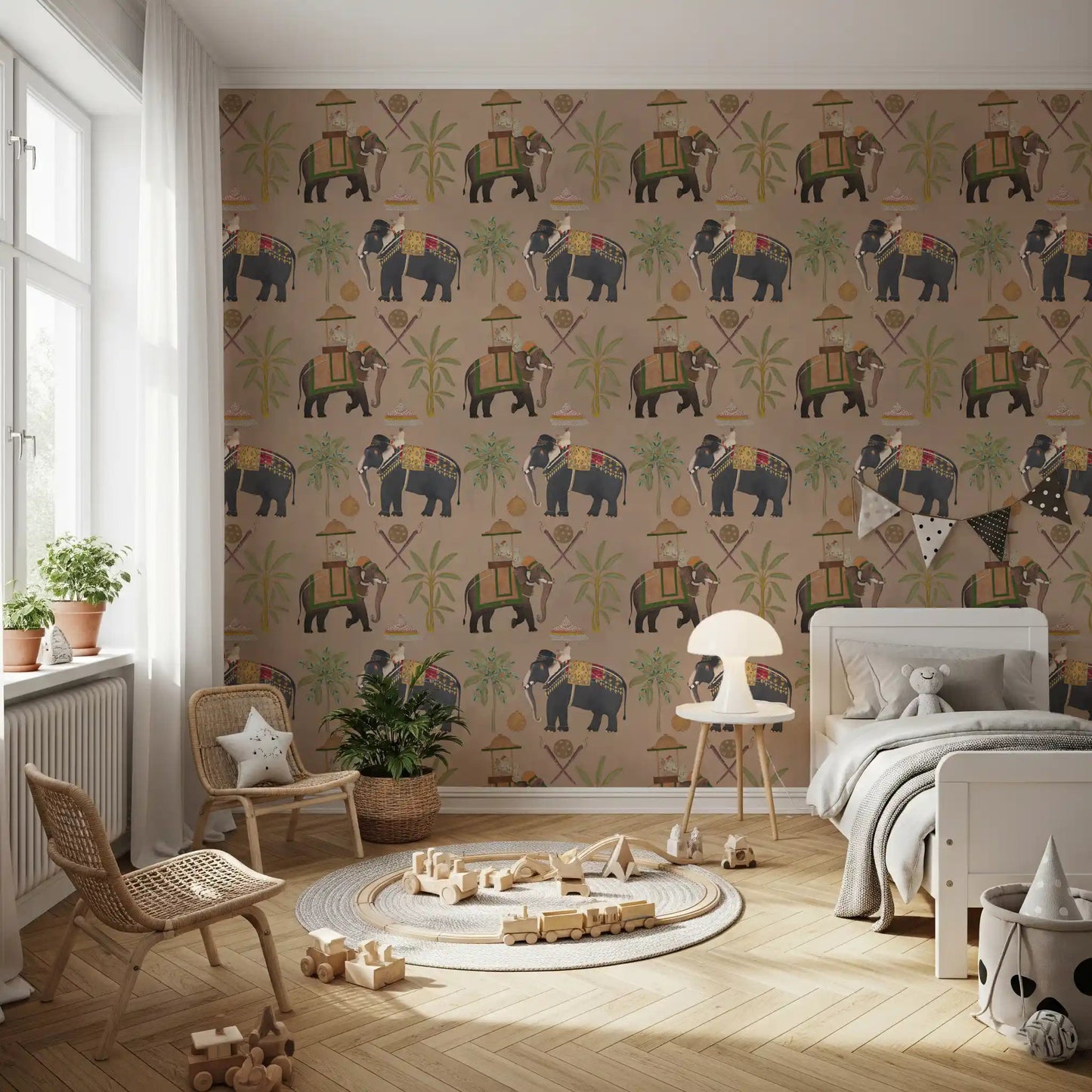 Bedroom elephant wall mural with palm tree and regal motif artwork, GD8975