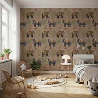 Bedroom elephant wall mural with palm tree and regal motif artwork, GD8975