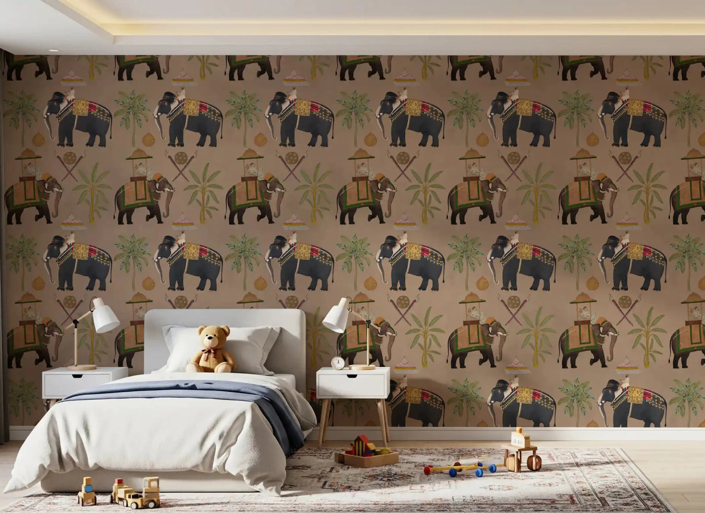 Heritage wall mural showing elephants, palms, and classic symbols, GD8975
