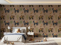 Heritage wall mural showing elephants, palms, and classic symbols, GD8975