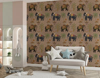 Regal Elephant Wall Mural with decorated elephants and palm accents, GD8975