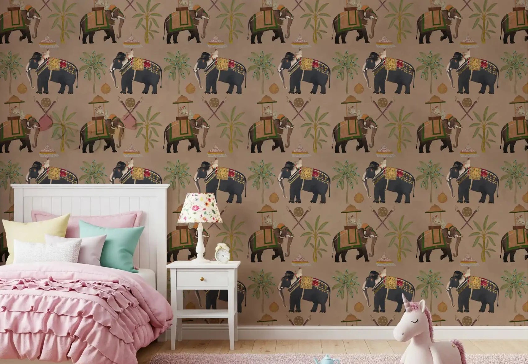 Elephant pattern mural with vintage inspired repeat layout, GD8975