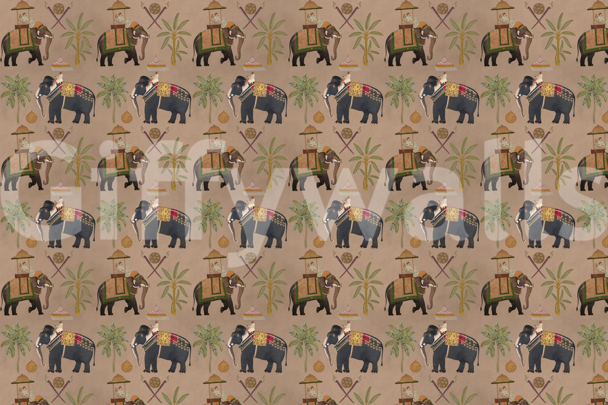 Regal mural with elephant figures and cultural pattern detail, GD8975