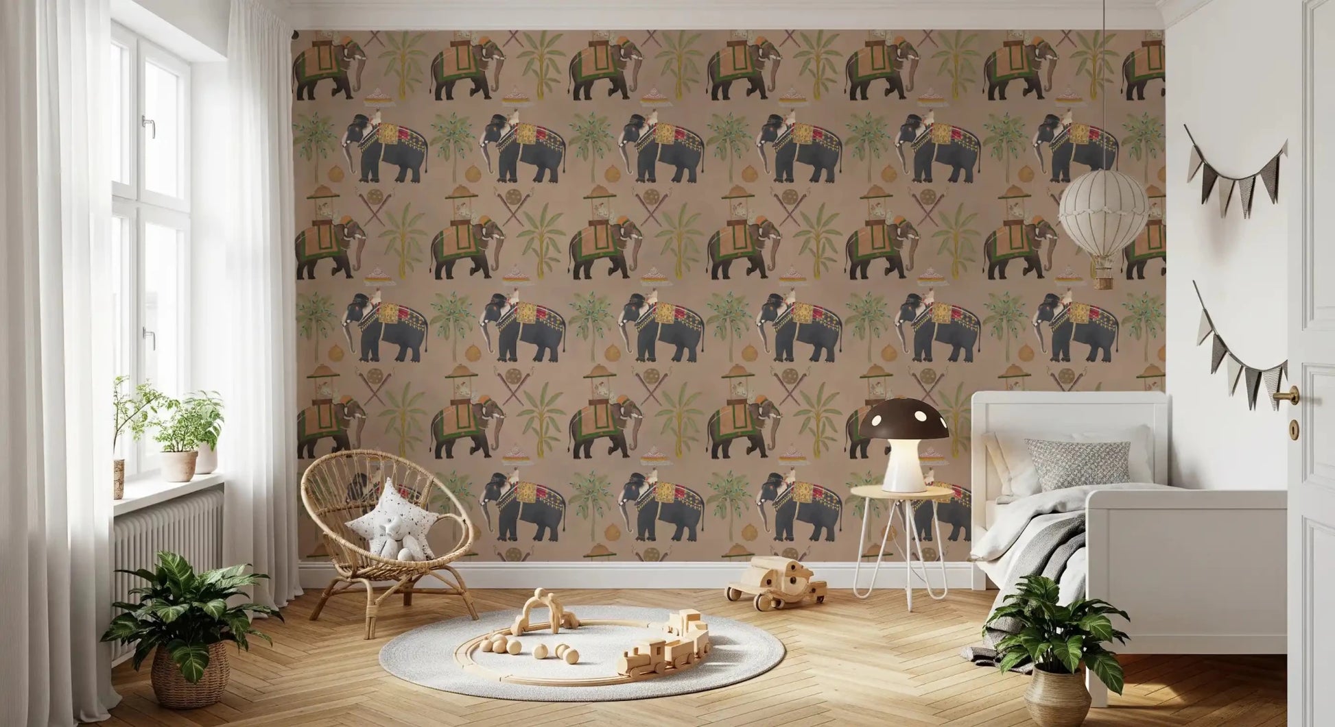 Elephant mural featuring traditional motifs on warm beige backdrop, GD8975