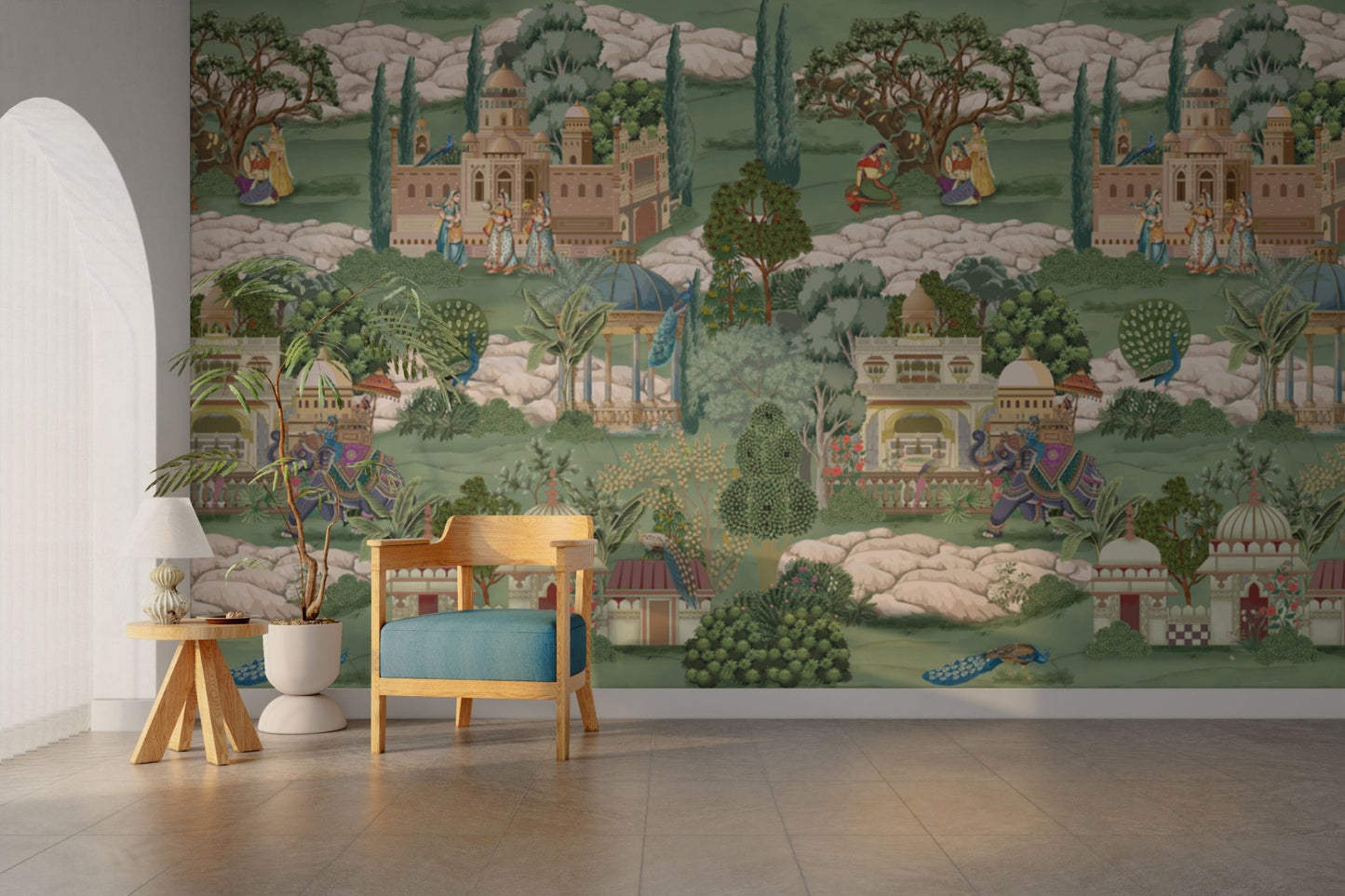 Courtyard garden with regal figures

