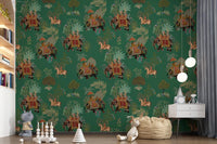 Hallway styled in emerald wall mural with peacocks and riders, GD9010