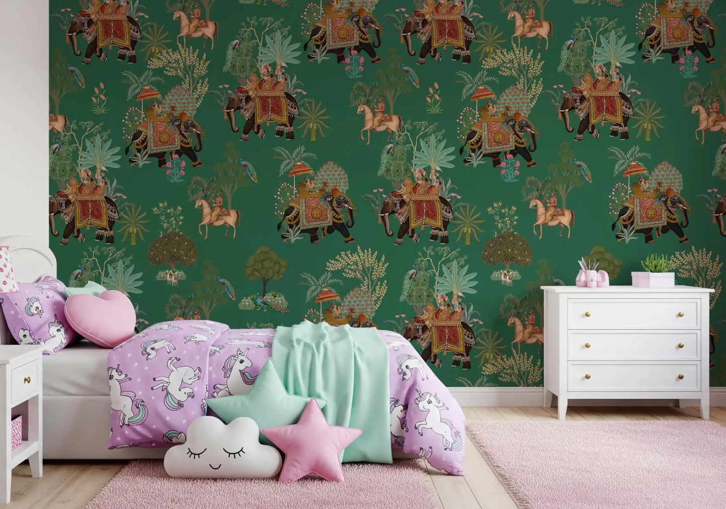 Jungle wall mural with palace-style elephants and peacock accents, GD9010