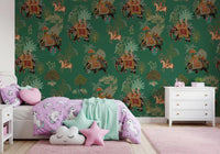 Jungle wall mural with palace-style elephants and peacock accents, GD9010