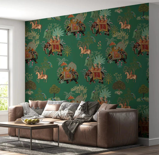Living room shows emerald Regal Indian Procession Wall Mural