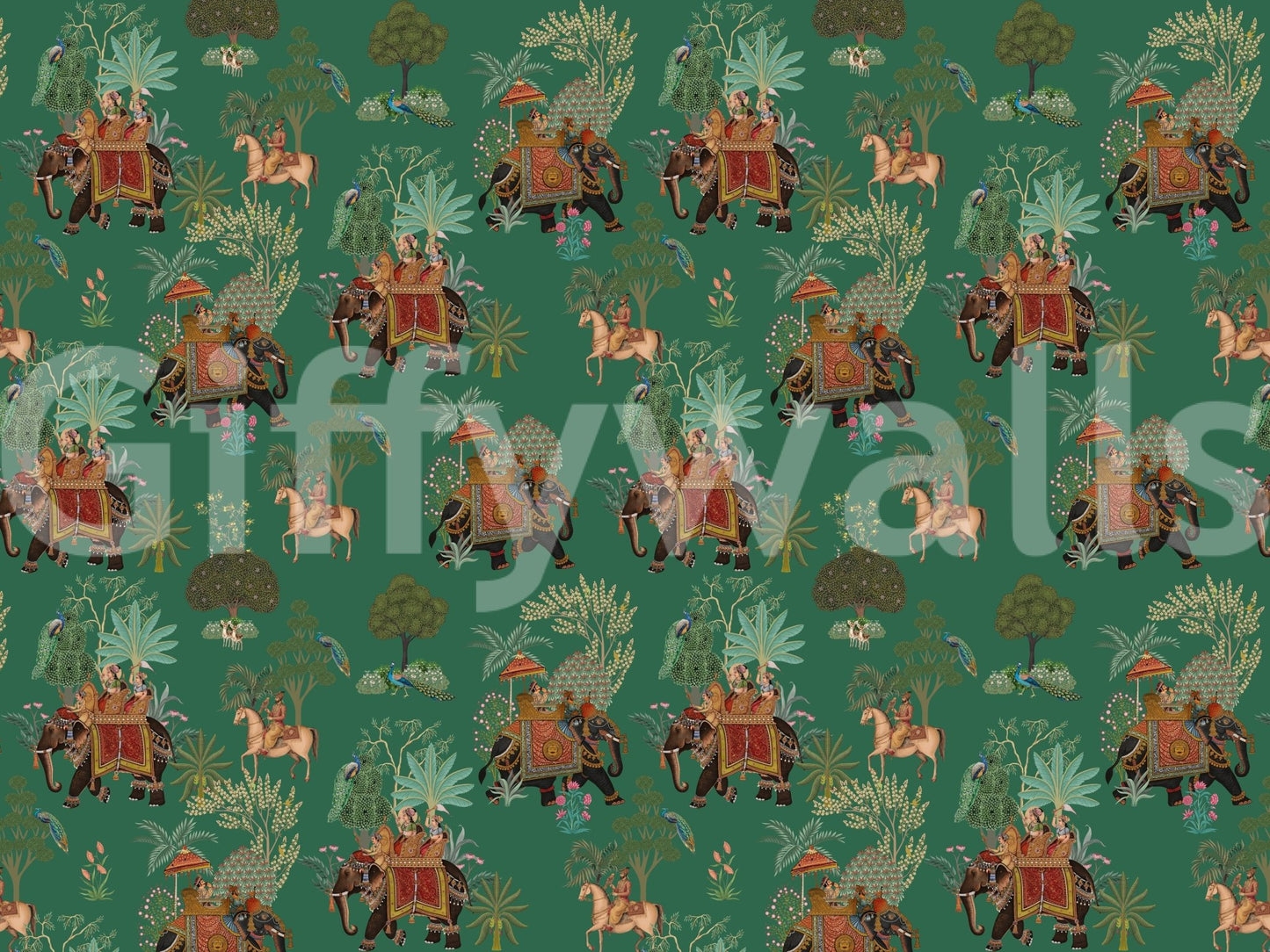 Warm red details brighten the emerald procession mural design, GD9010