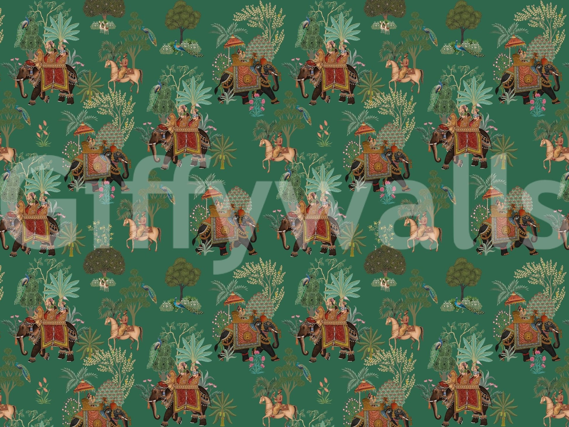 Warm red details brighten the emerald procession mural design, GD9010