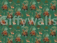 Warm red details brighten the emerald procession mural design, GD9010