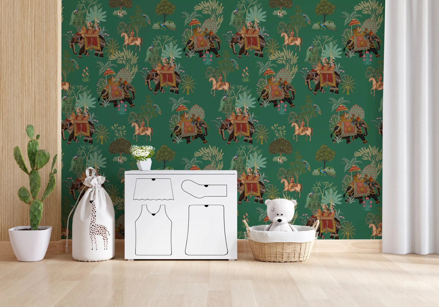 Elephant wall mural with Indian parade motifs and leafy jungle detail, GD9010
