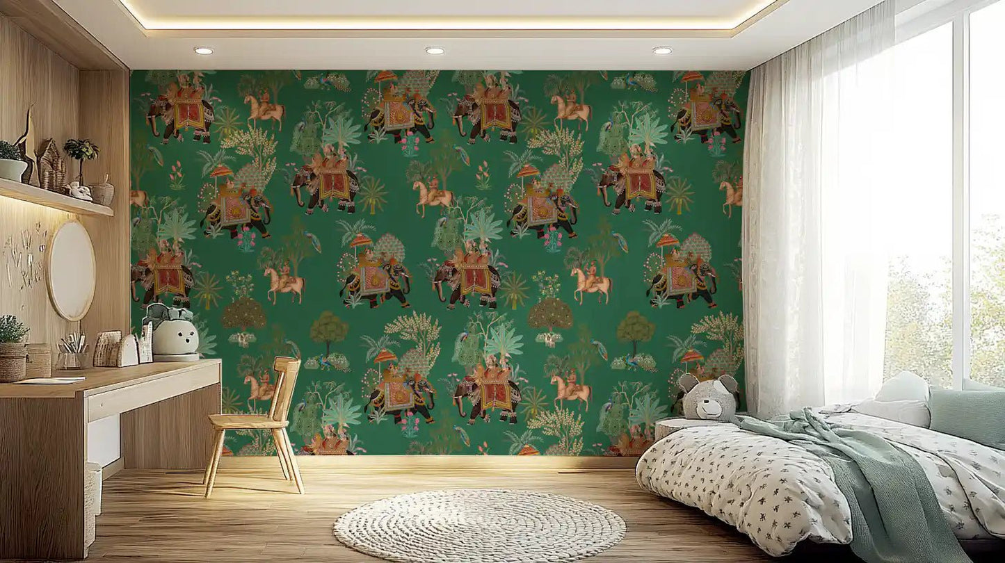 Kids room wall uses Regal Indian jungle mural with tropical leaves, GD9010