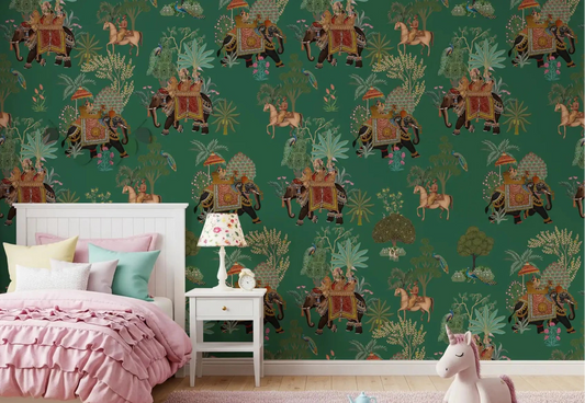 Horse riders and elephants repeat across this procession wall mural
