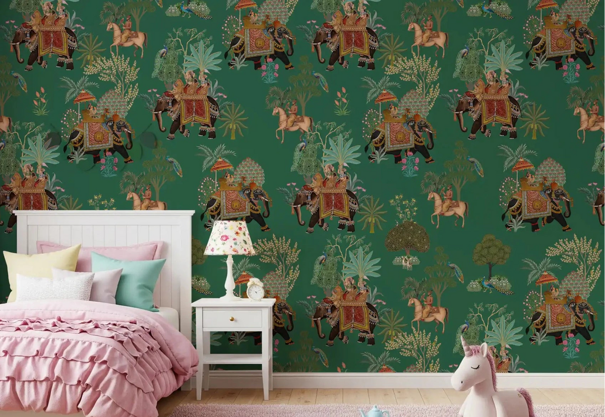 Horse riders and elephants repeat across this procession wall mural, GD9010