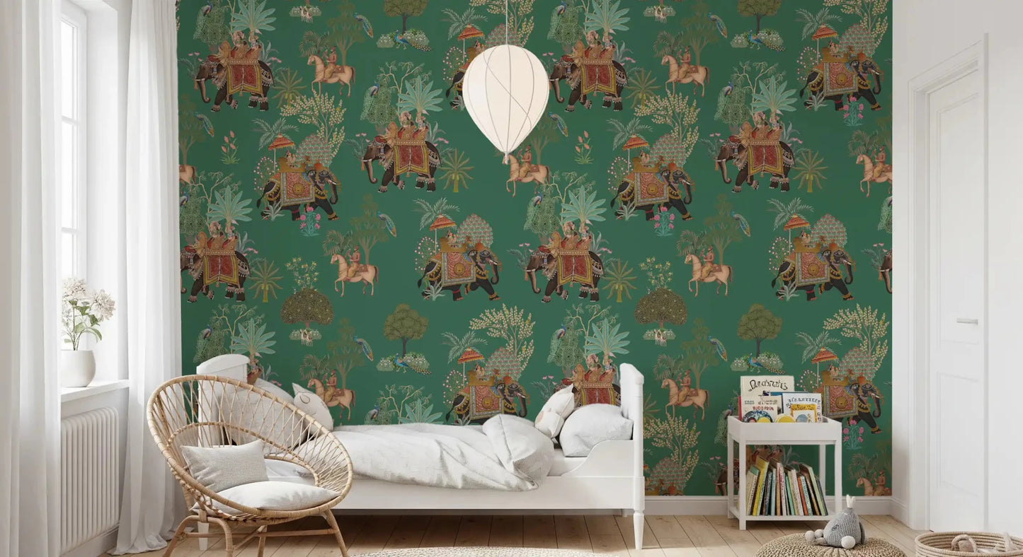 Emerald jungle wall mural with peacocks, palms, and royal figures, GD9010