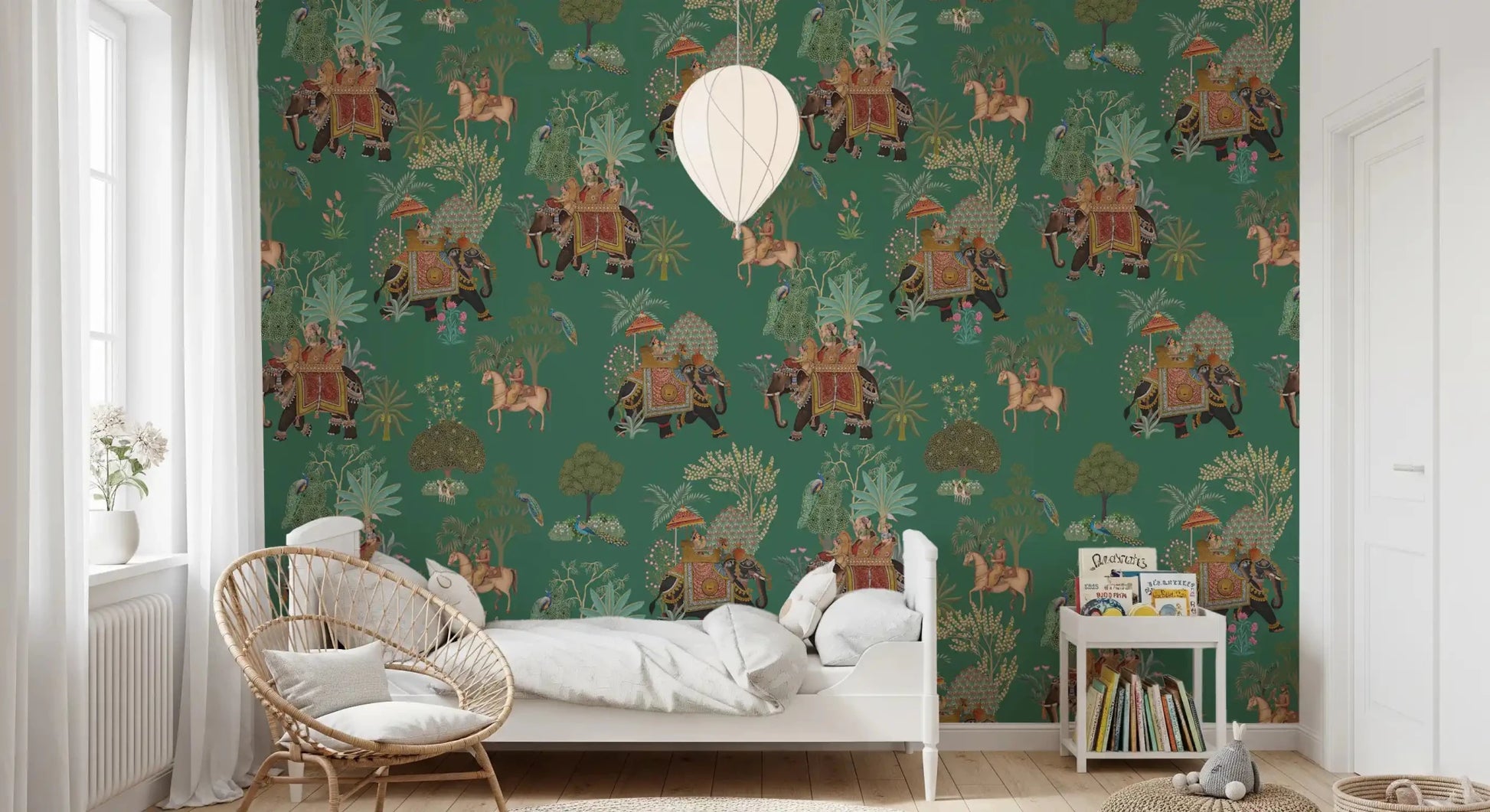 Emerald jungle wall mural with peacocks, palms, and royal figures, GD9010