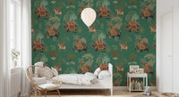 Emerald jungle wall mural with peacocks, palms, and royal figures, GD9010