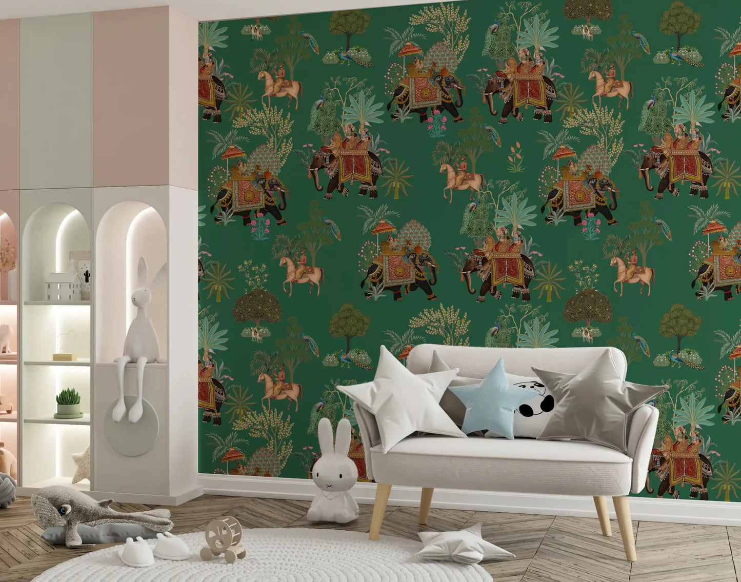 Kids play area with Indian jungle wall mural and elephant procession art, GD9010