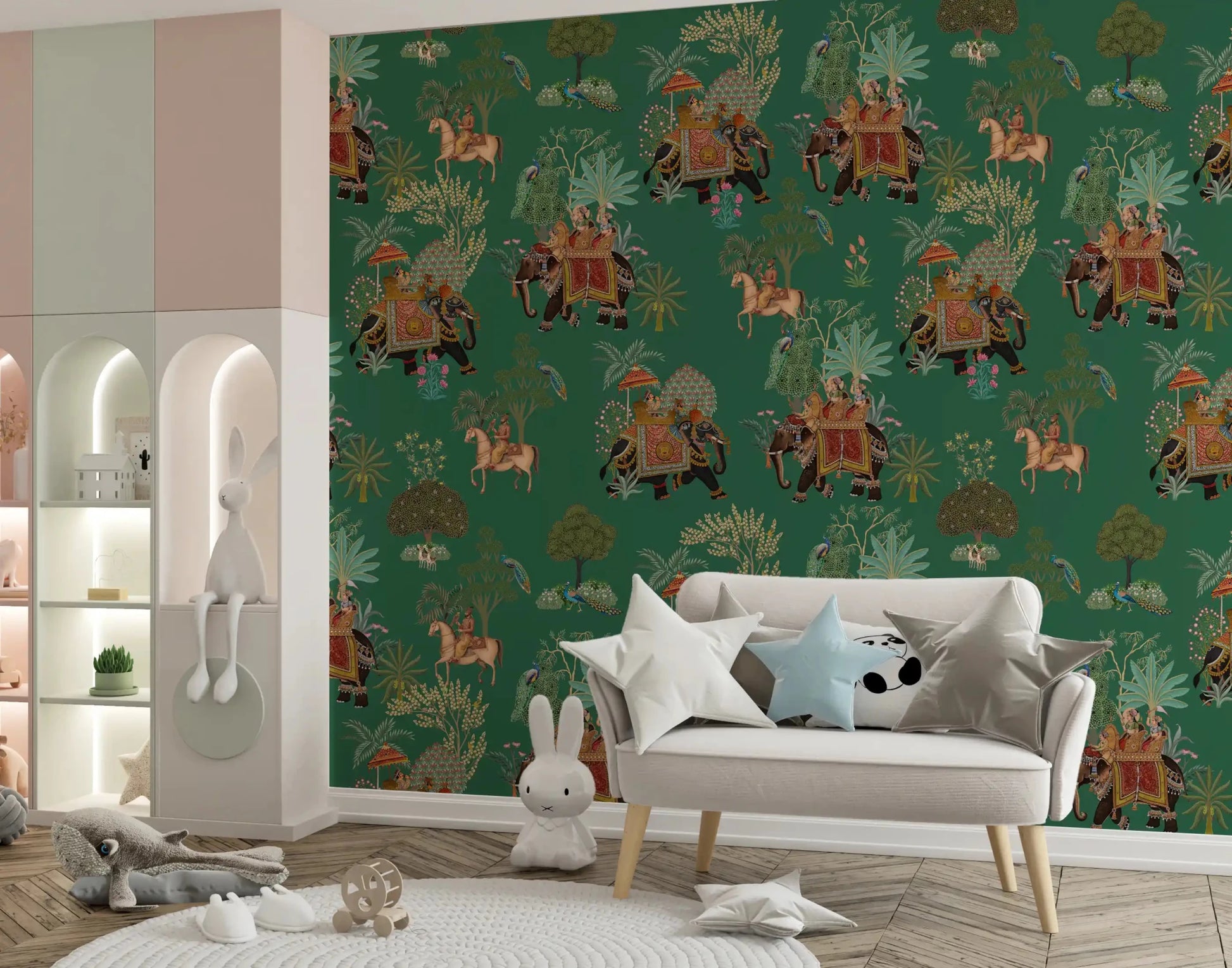 Kids play area with Indian jungle wall mural and elephant procession art, GD9010