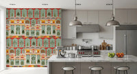Close up of red border details on a teal palace wall mural., GD8989