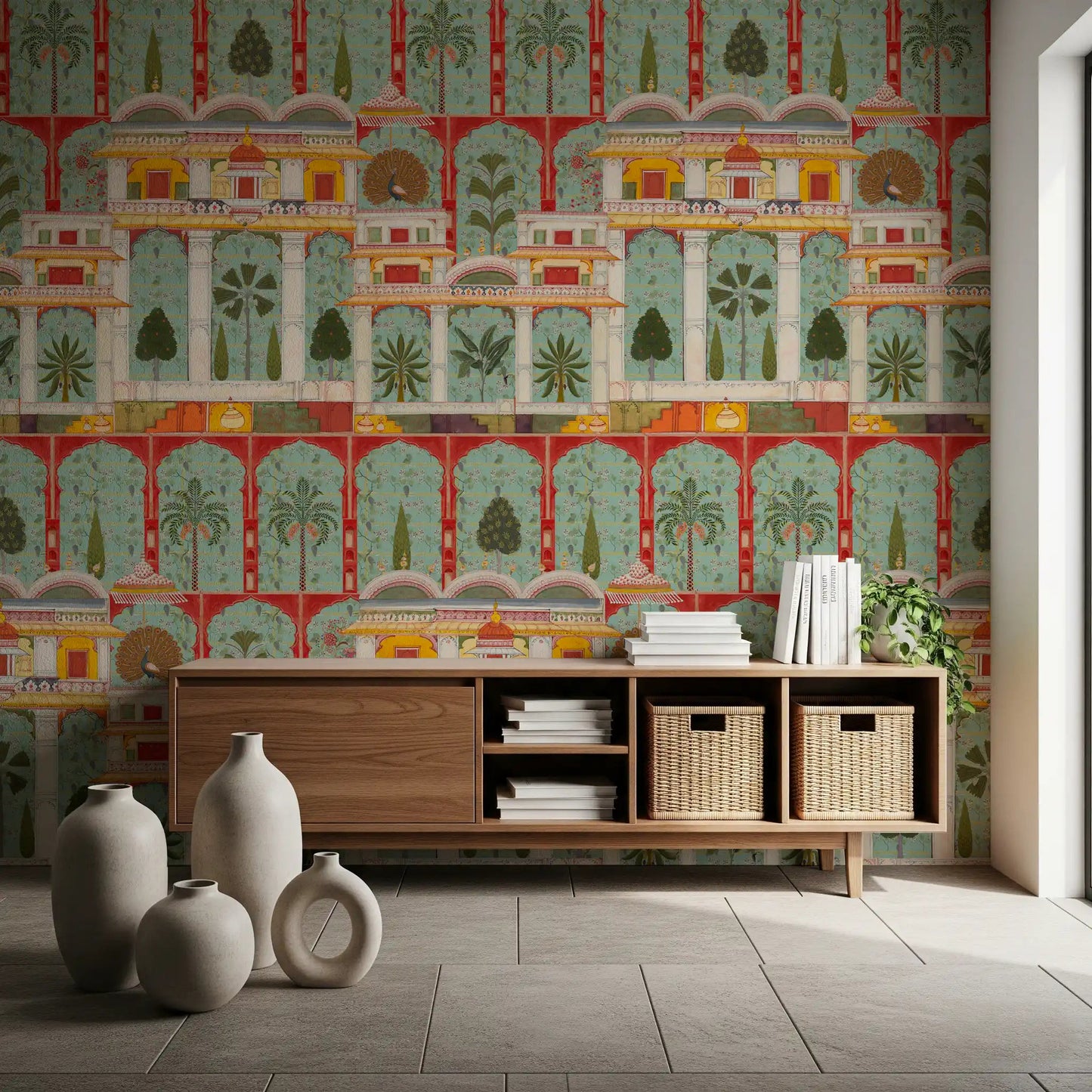 Architectural garden wall mural pattern in a long hallway area., GD8989