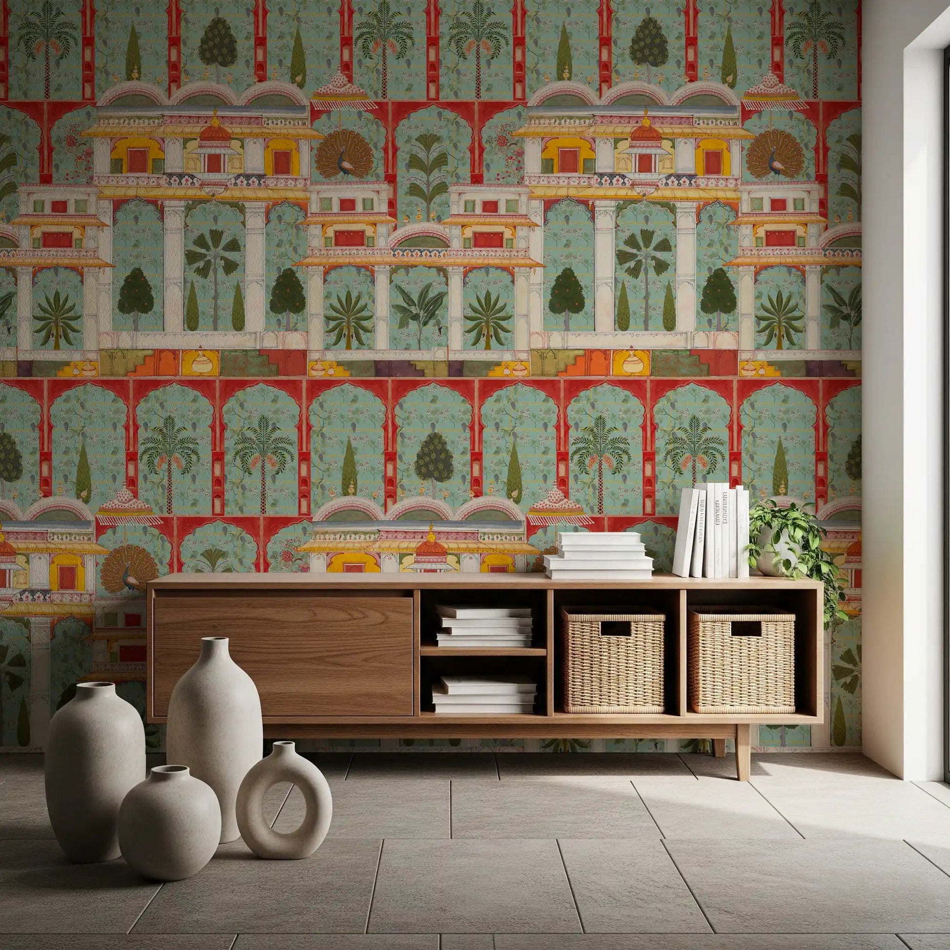 Architectural garden wall mural pattern in a long hallway area., GD8989
