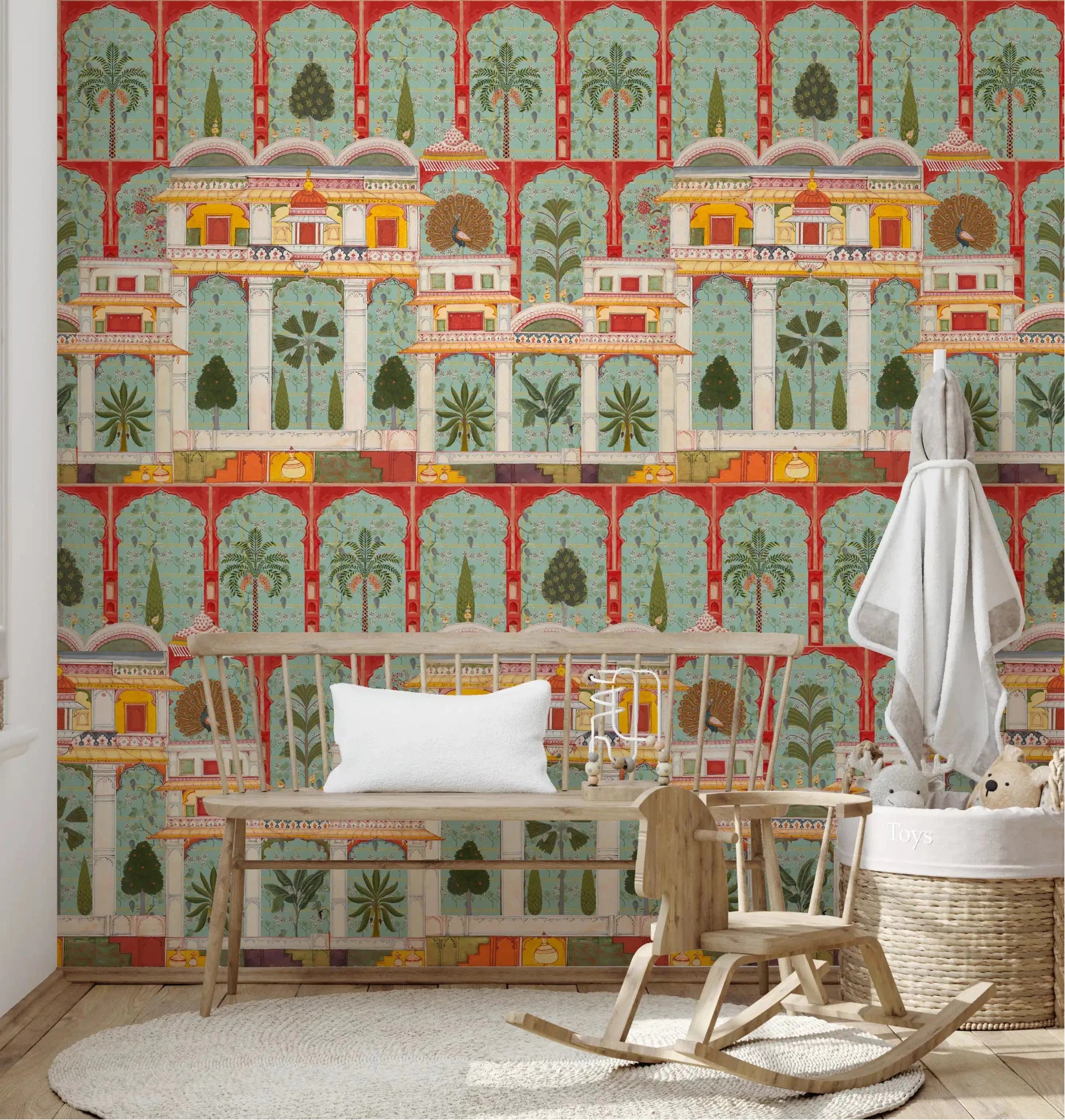 Regal Mughal Garden Wall Mural with teal arches in a nursery., GD8989